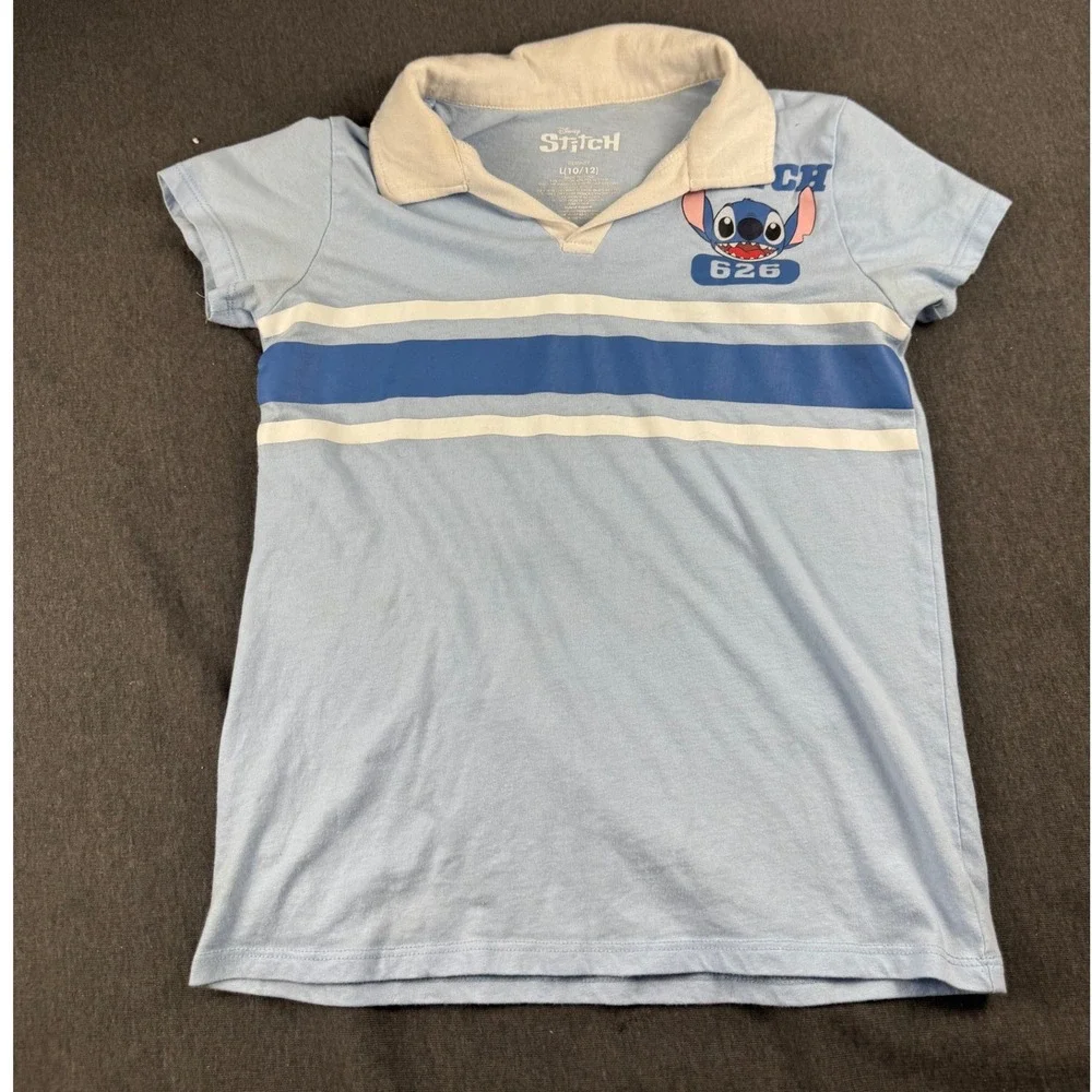 Disney Stitch Kids Polo Shirt Light Blue Short Sleeve Graphic‎ Top L 10/12 626